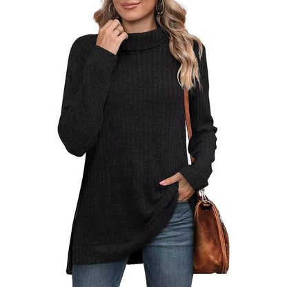 Oversized Ribbed Turtleneck Tunic Top Side Split
