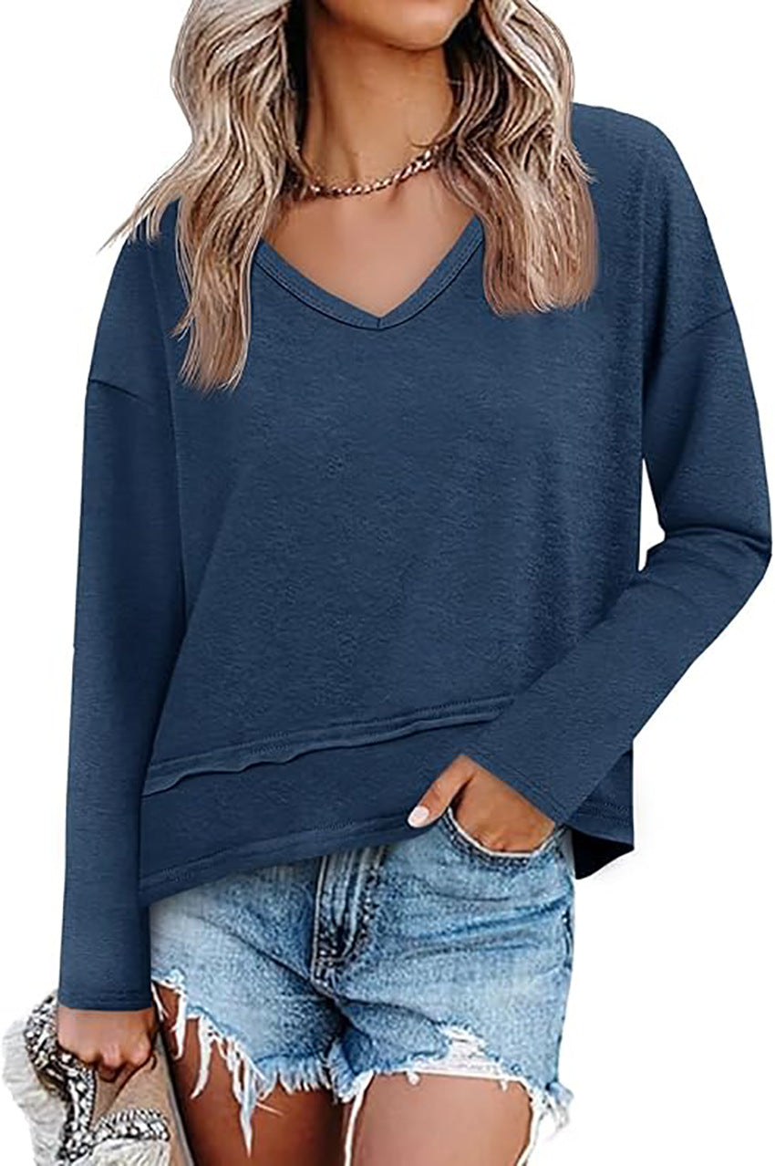 Women's V Neck Long Sleeve Casual Loose Pullover Top