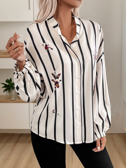 Stand-up Collar Long-sleeved Cardigan Top Striped Print Shirt