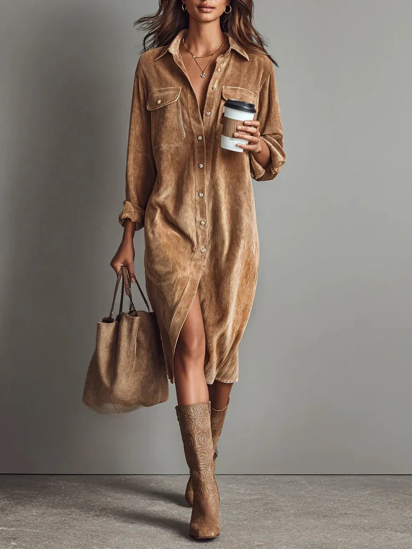 Corduroy Shirt Dress Long Sleeve Button Down Midi