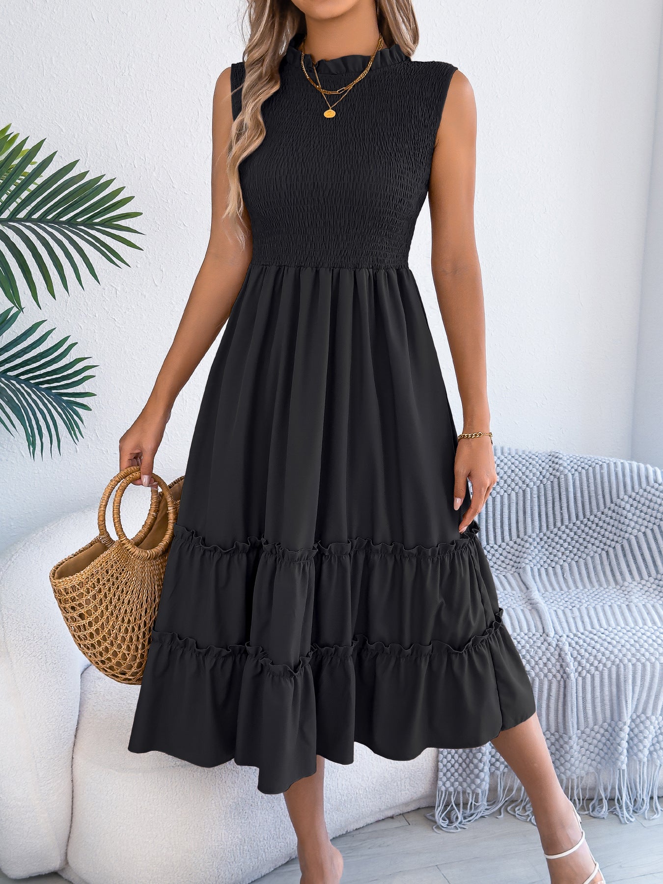 Smocked Sleeveless Ruffle Midi Dress Flowy Summer
