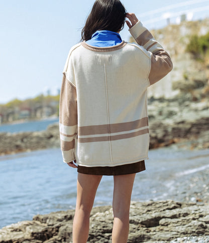 Women's Oversized Color Block Striped Crewneck Sweater