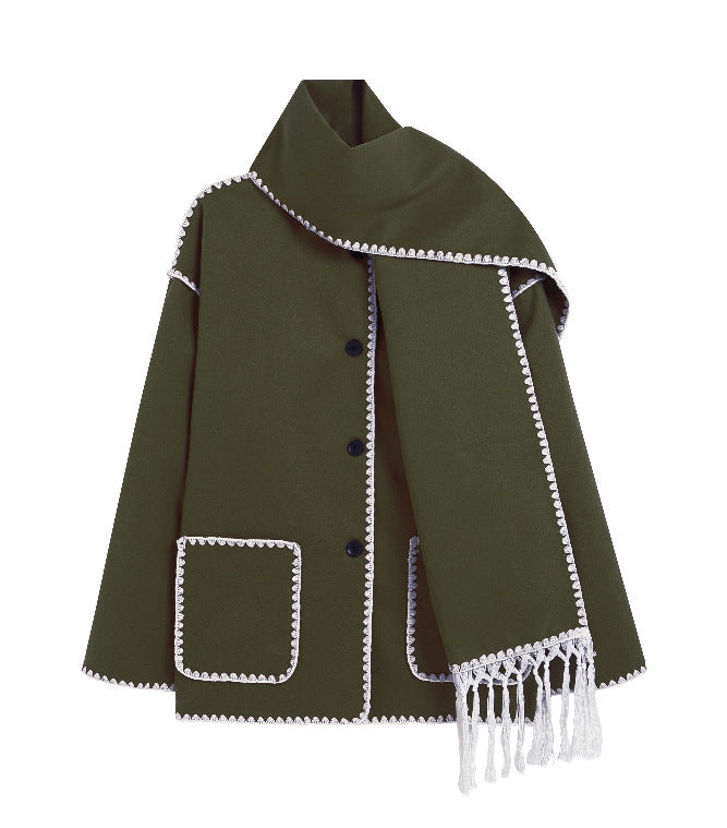 Women's Oversized Faux Wool Scarf Coat With Fringe
