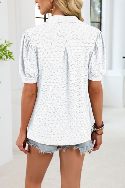 Eyelet V Neck Puff Sleeve Polo Blouse Casual Top