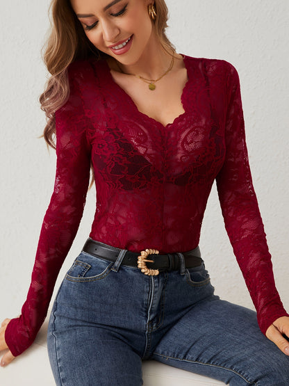 Women's V-Neck Long Sleeve Floral Lace Scalloped Top
