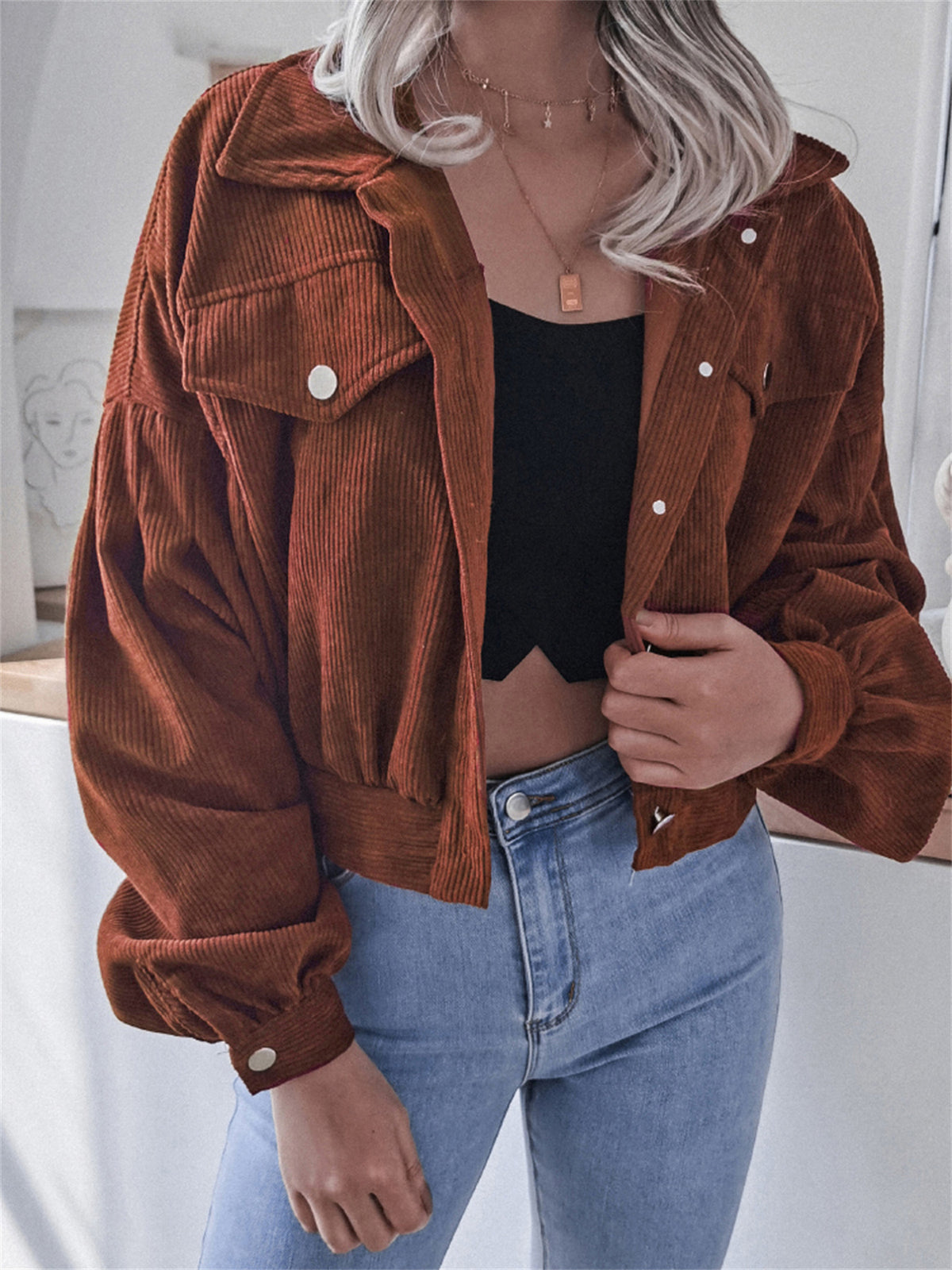 Womens Corduroy Cropped Jacket Balloon Sleeve Oversized