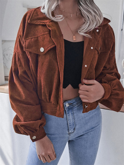 Womens Corduroy Cropped Jacket Balloon Sleeve Oversized