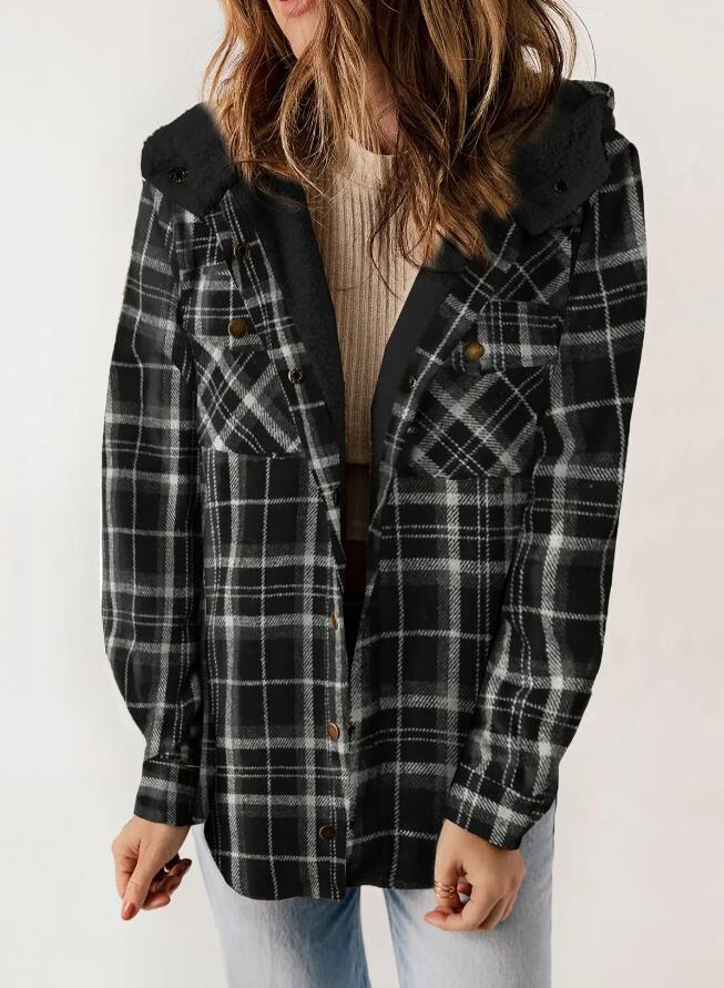 Women's Plaid Fleece Hooded Shacket with Pockets