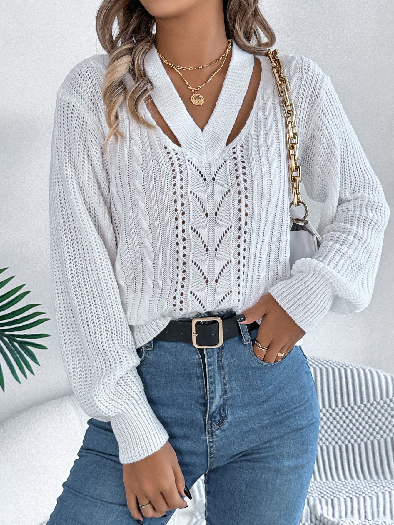 Hollow Out V Neck Cable Knit Lantern Sleeve Sweater