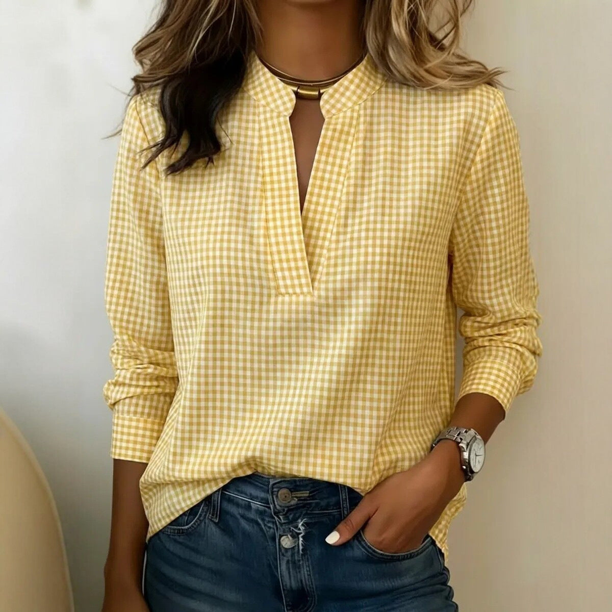 Women's Gingham Long Sleeve Pullover Blouse