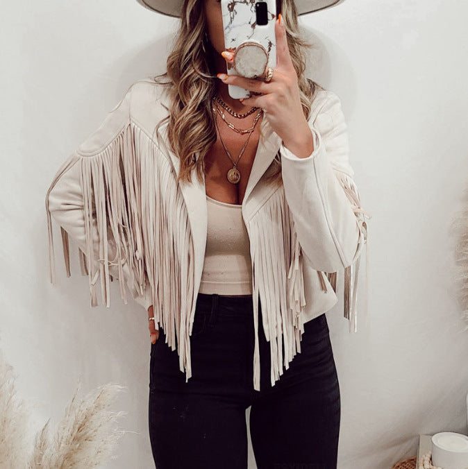 Women's Faux Suede Fringe Jacket Long Sleeve Lapel