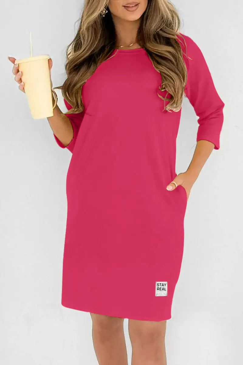 Women's Casual Crewneck Long Sleeve Midi Dress with Pockets