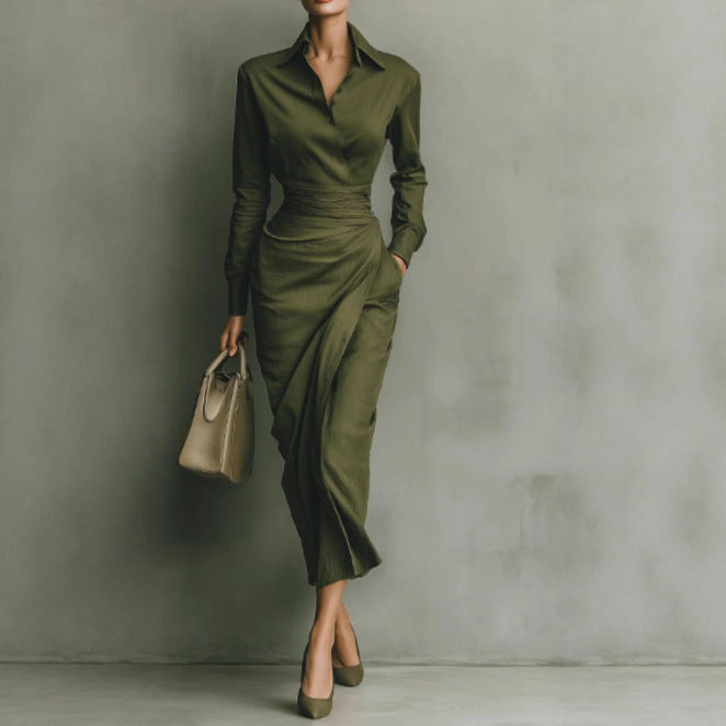Long Sleeve Collared Midi Bodycon Dress Women Fall