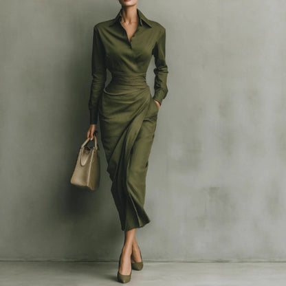 Long Sleeve Collared Midi Bodycon Dress Women Fall