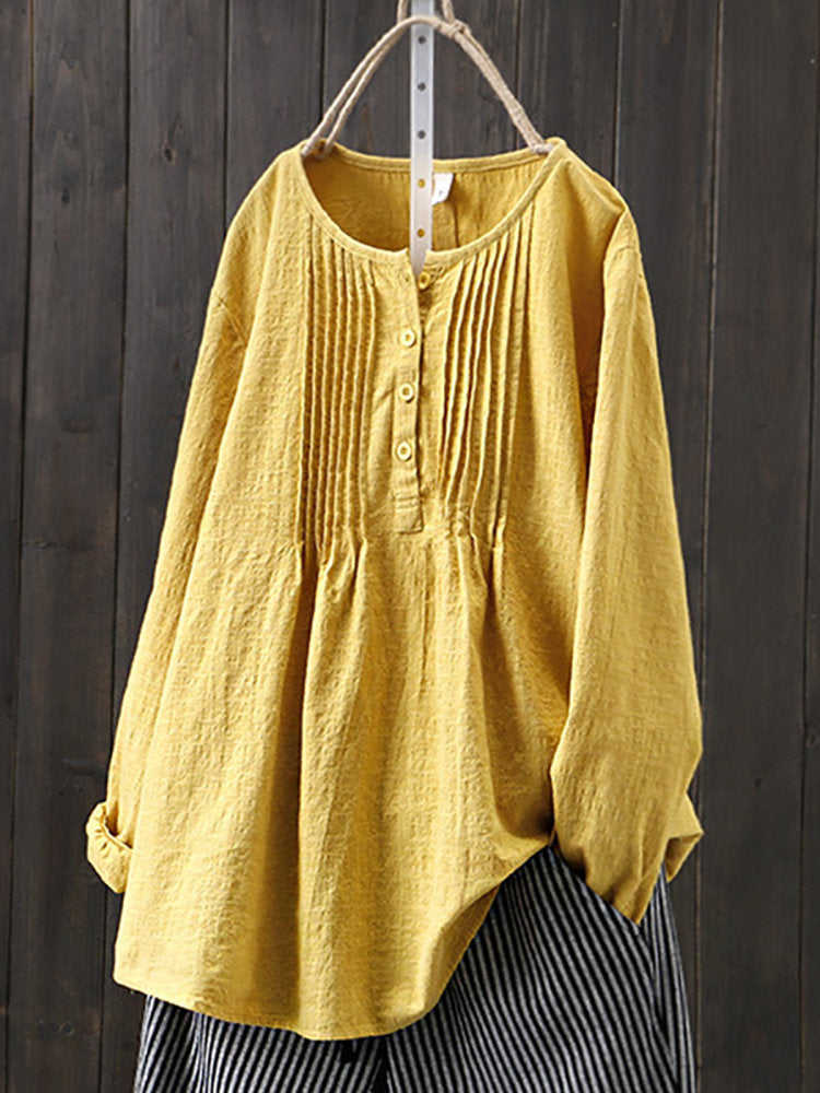 Women's Cotton Linen Pleated Blouse Plus Size Top