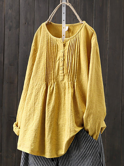 Women's Cotton Linen Pleated Blouse Plus Size Top