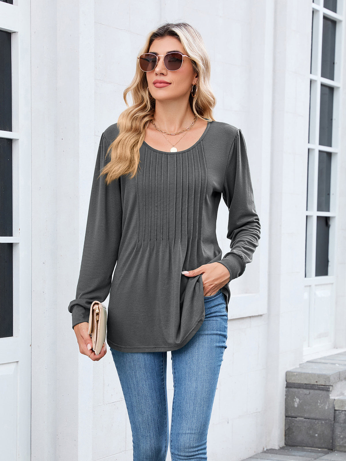 Women's Long Sleeve Pleated Tunic Top Loose Casual Blouse