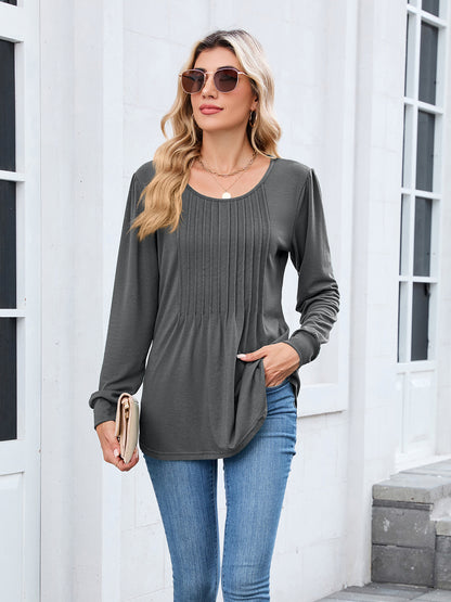 Women's Long Sleeve Pleated Tunic Top Loose Casual Blouse