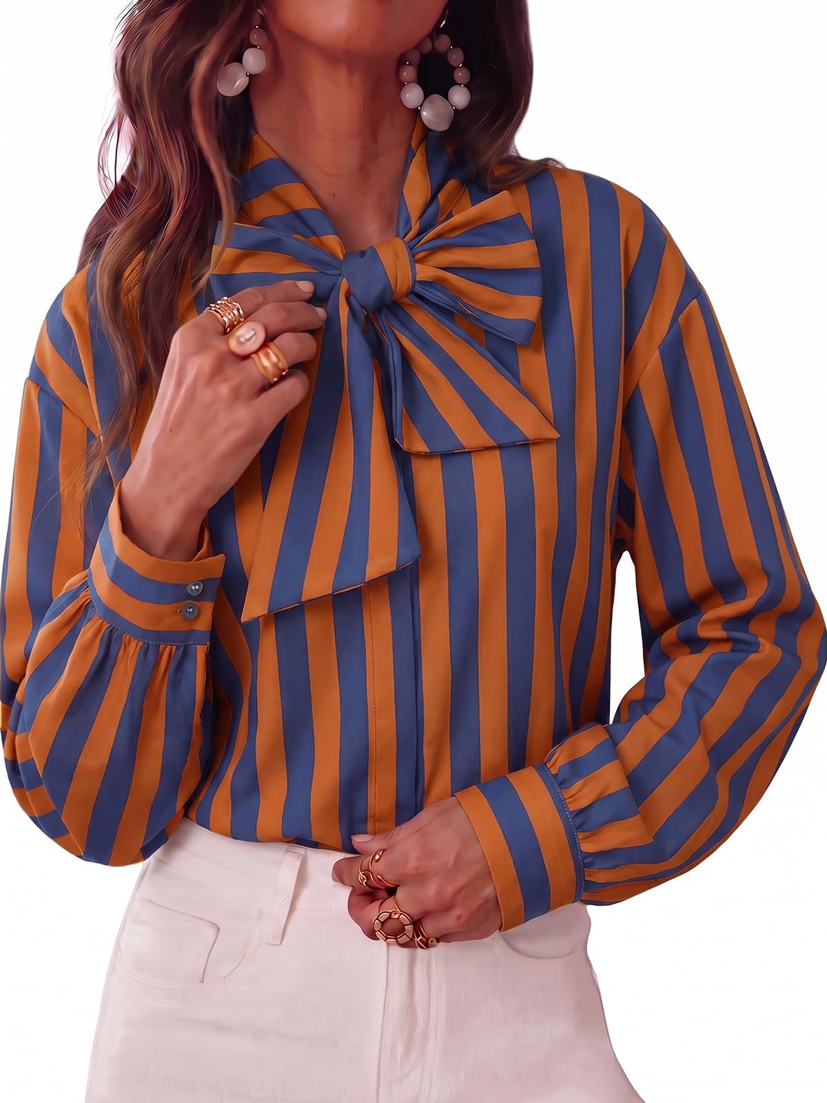 Women's Striped Tie Neck Long Sleeve Blouse Casual