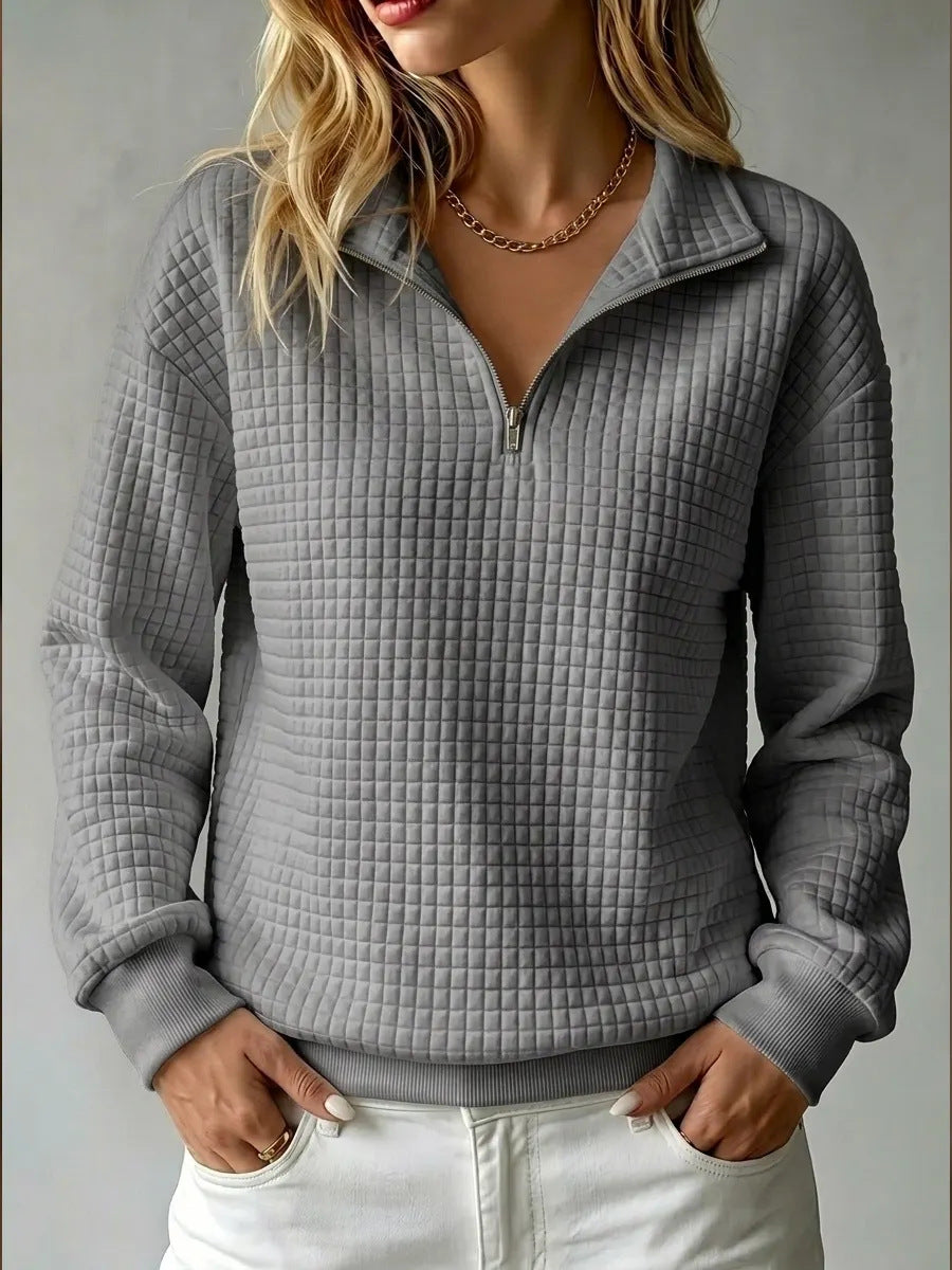 Women's Waffle Knit Quarter Zip Collar Sweatshirt
