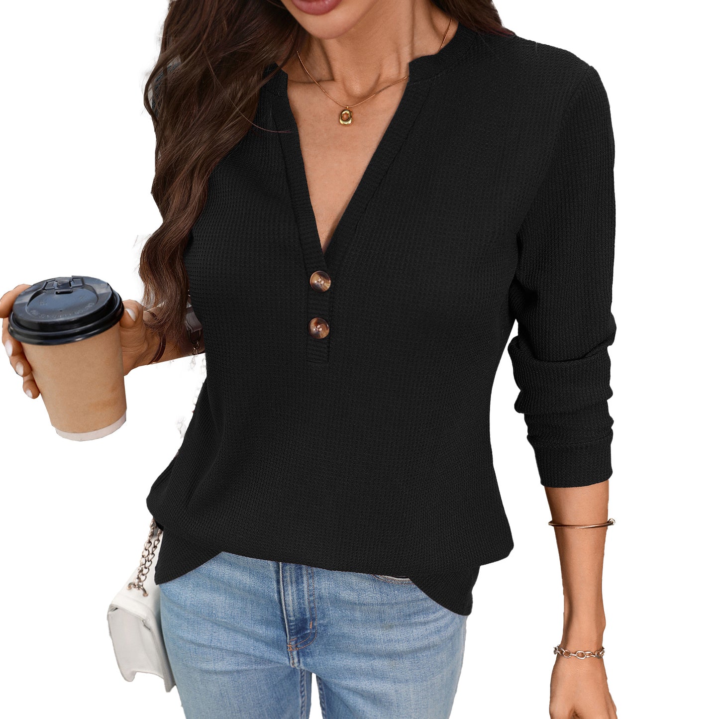 Women's Waffle Knit V-Neck Button Long Sleeve Top