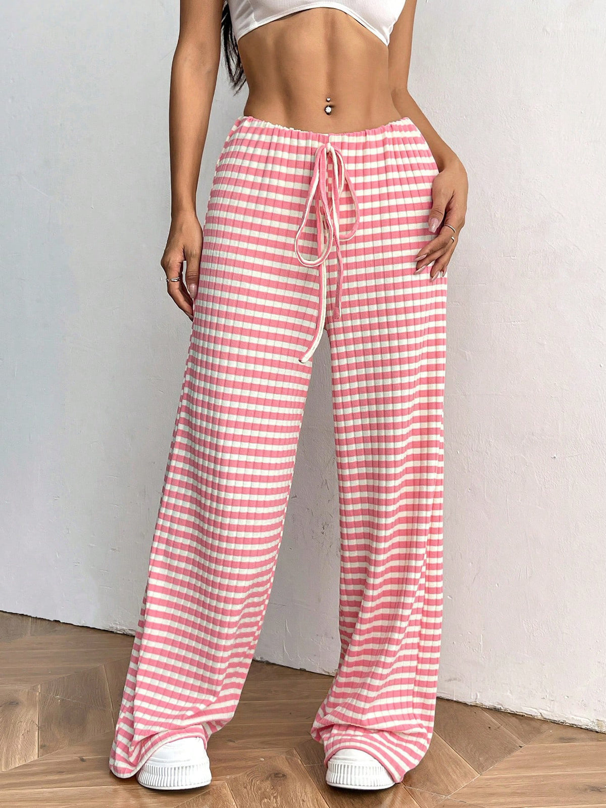 Women's Striped Drawstring Baggy Wide Leg Pants