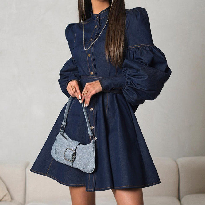 Denim Shirt Dress Women Puff Sleeve Belted
