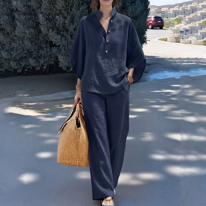 Women's Casual Two Piece Collared Shirt Wide Leg Pants Set
