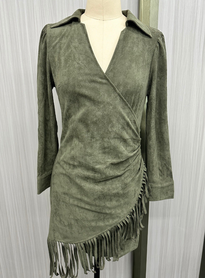 Faux Suede Fringe Western Mini Dress