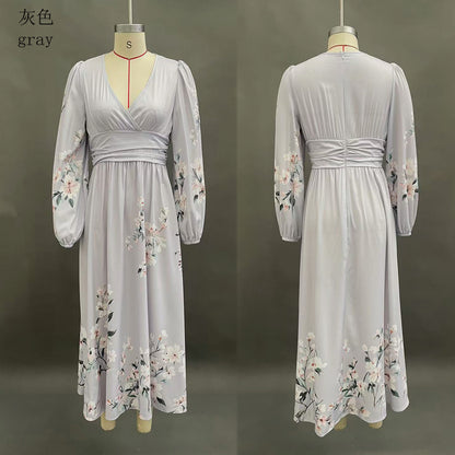 Floral V Neck Pleated Long Sleeve Maxi Dress
