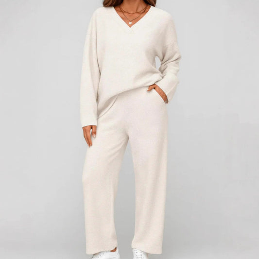 Women's V Neck Knit Two Piece Lounge Set Wide Leg Pants