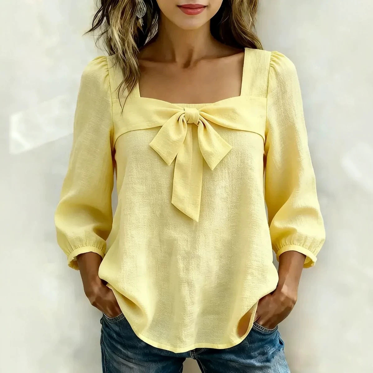 Women's Square Neck Bow Front Puff Sleeve Blouse