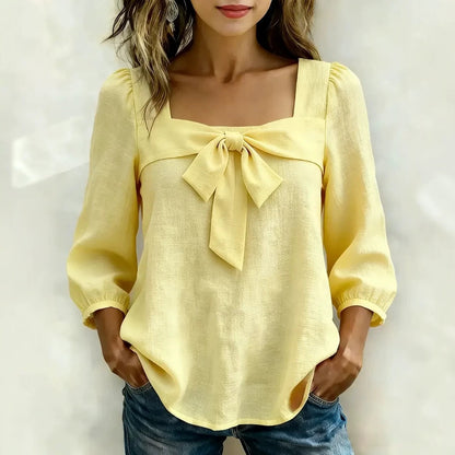 Women's Square Neck Bow Front Puff Sleeve Blouse
