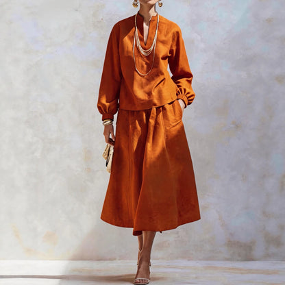 Women's Elegant V Neck Knit Top Midi Skirt Two Piece Set