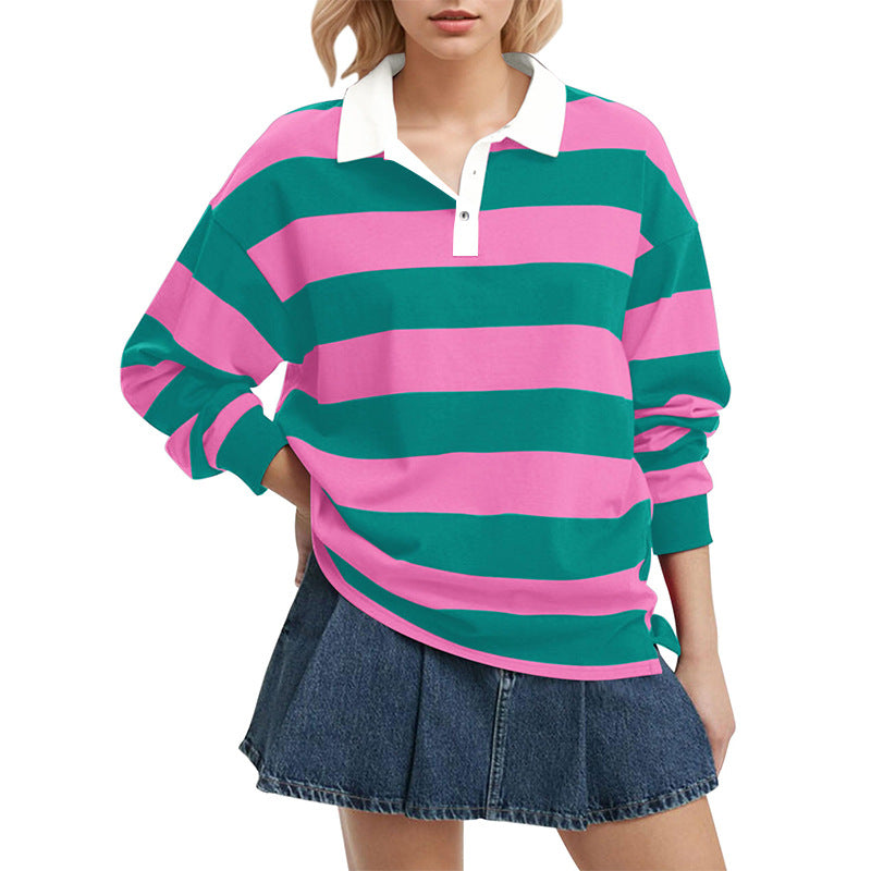Women's Oversized Striped Polo Shirt Long Sleeve
