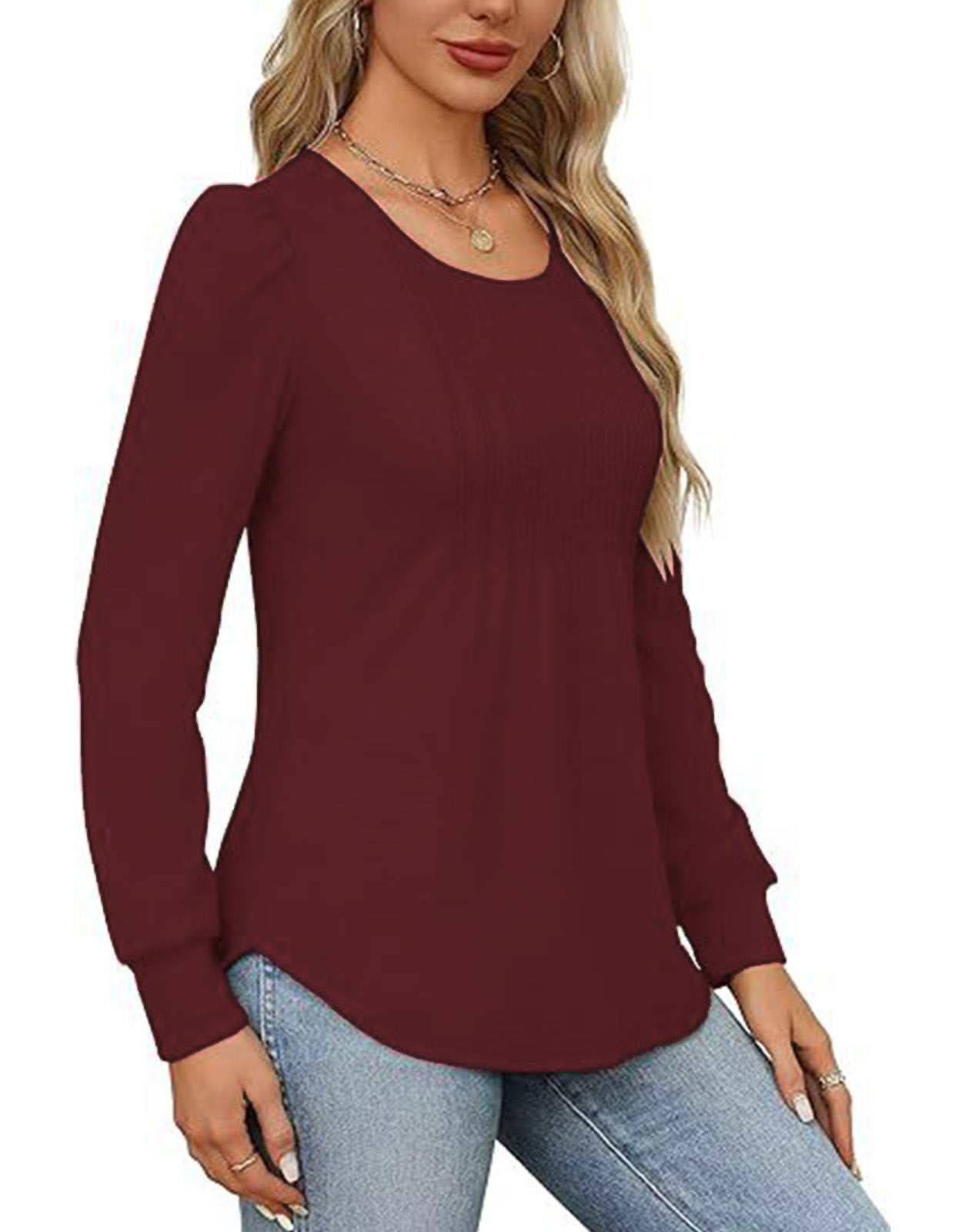 Solid Cotton Pintuck Blouse Long Sleeve Work Top