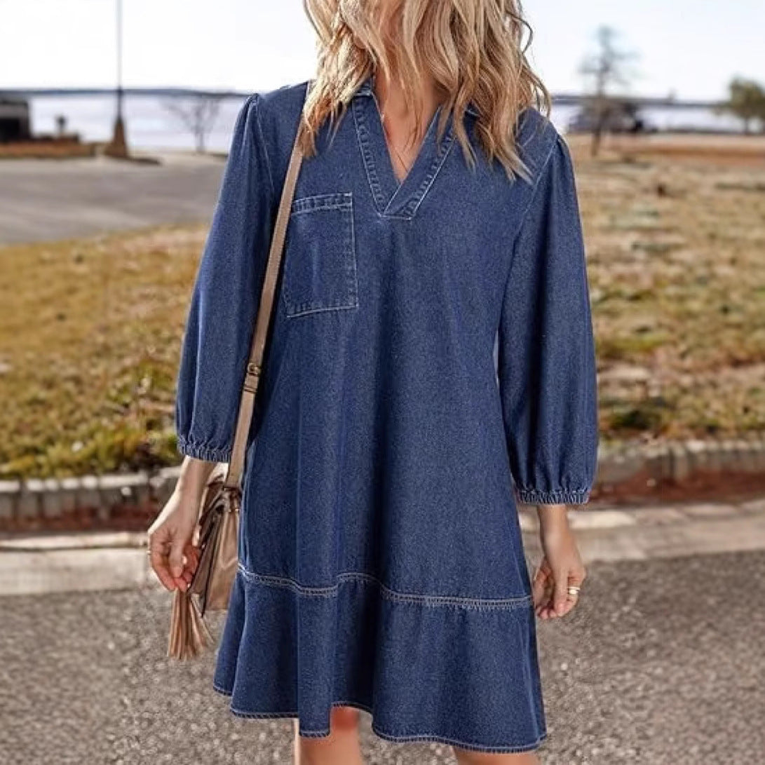 Women's V-Neck Denim Dress Puff Sleeve Tiered Jean Dress