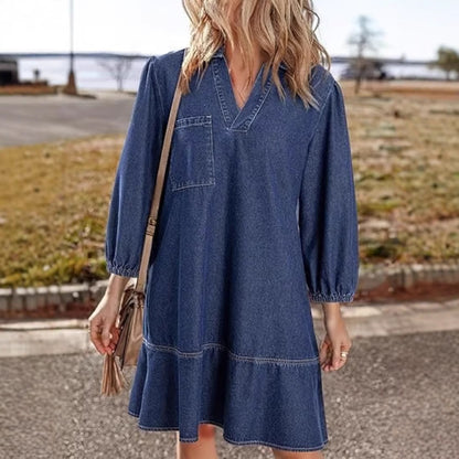 Women's V-Neck Denim Dress Puff Sleeve Tiered Jean Dress