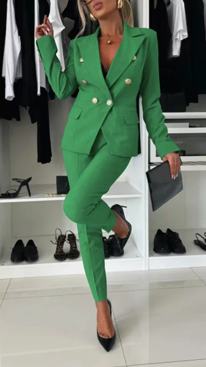 Women's Solid Blazer & Pants 2 Piece Business Casual Set