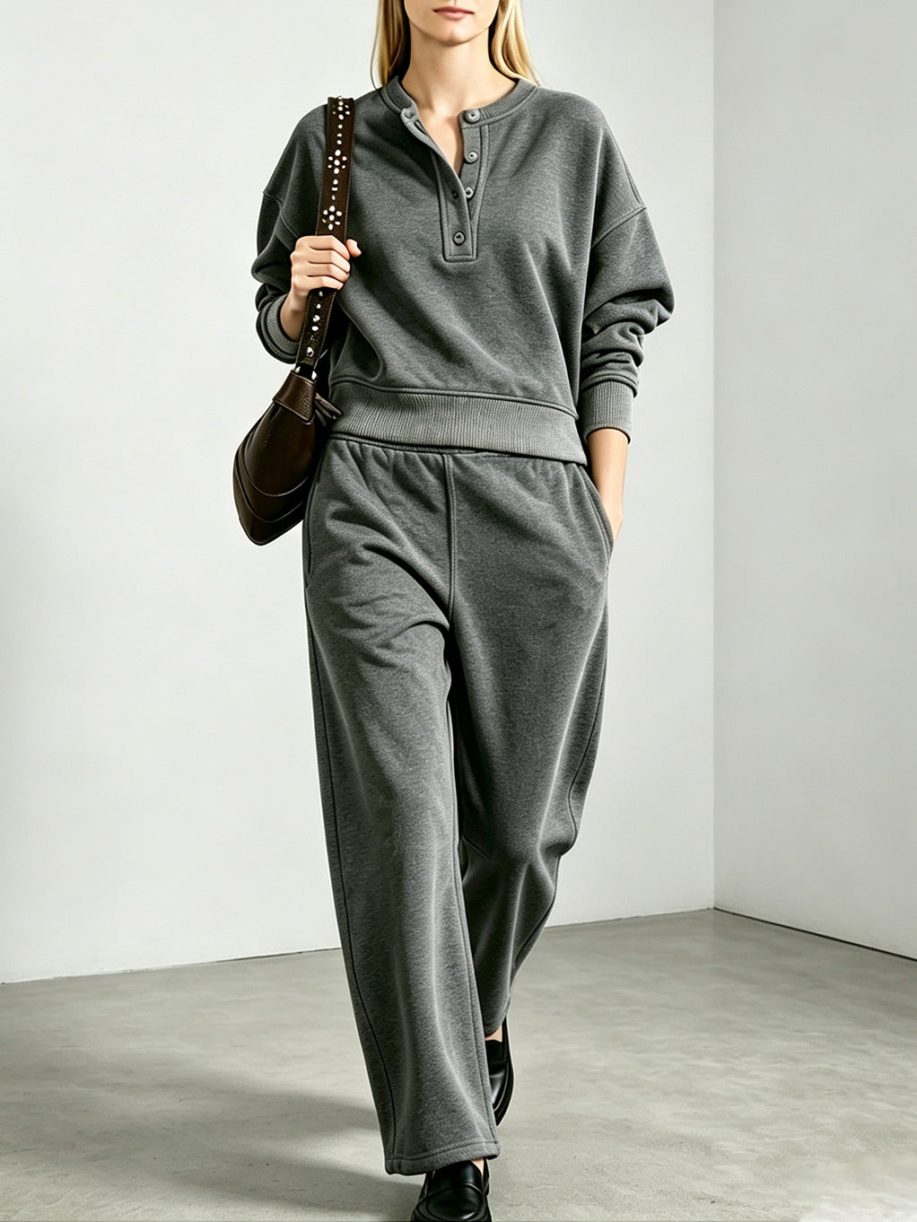 Women's Oversized Henley Sweatshirt Sweatpants Set