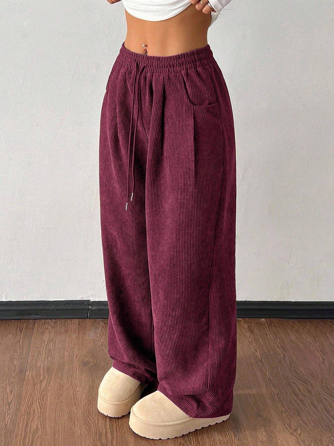 Women's Corduroy Wide Leg Pants Elastic Waist Drawstring