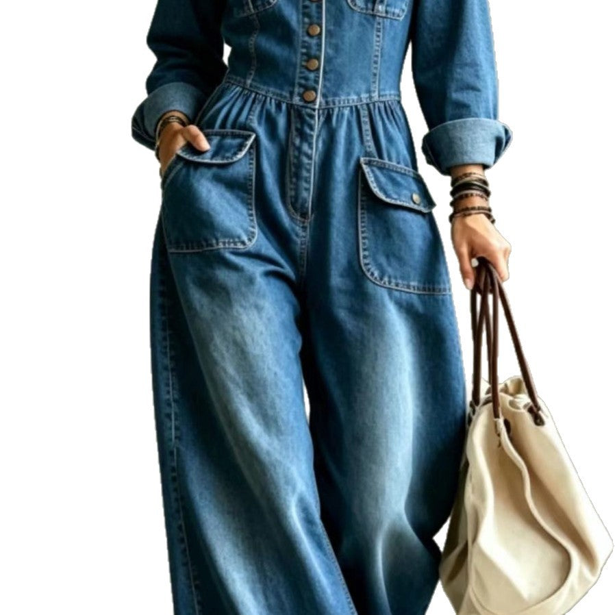 Denim Cargo Jumpsuit Women Long Sleeve Wide Leg Washed