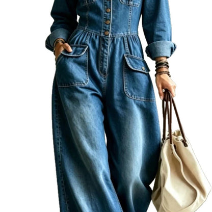 Denim Cargo Jumpsuit Women Long Sleeve Wide Leg Washed