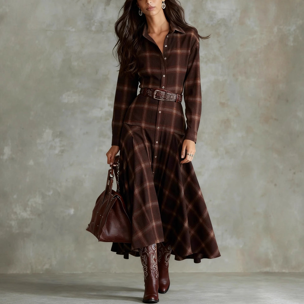 Women's Plaid Shirt Dress Long Sleeve Button Down Maxi