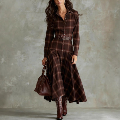 Women's Plaid Shirt Dress Long Sleeve Button Down Maxi