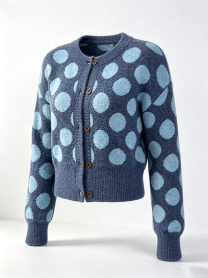 Women's Polka Dot Cropped Blue Knit Cardigan