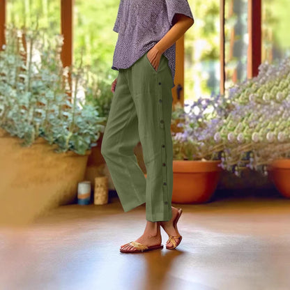 Women's Linen Blend Wide Leg Crop Pants Side Button