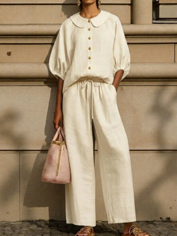 Women's Puff Sleeve Collared Shirt Wide Leg Pants Set