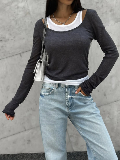 Vintage Layered Look Contrast Long Sleeve Modal Tee