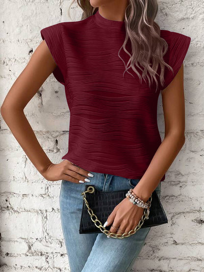 Textured Wavy Stripe Button Semi-Turtleneck Top